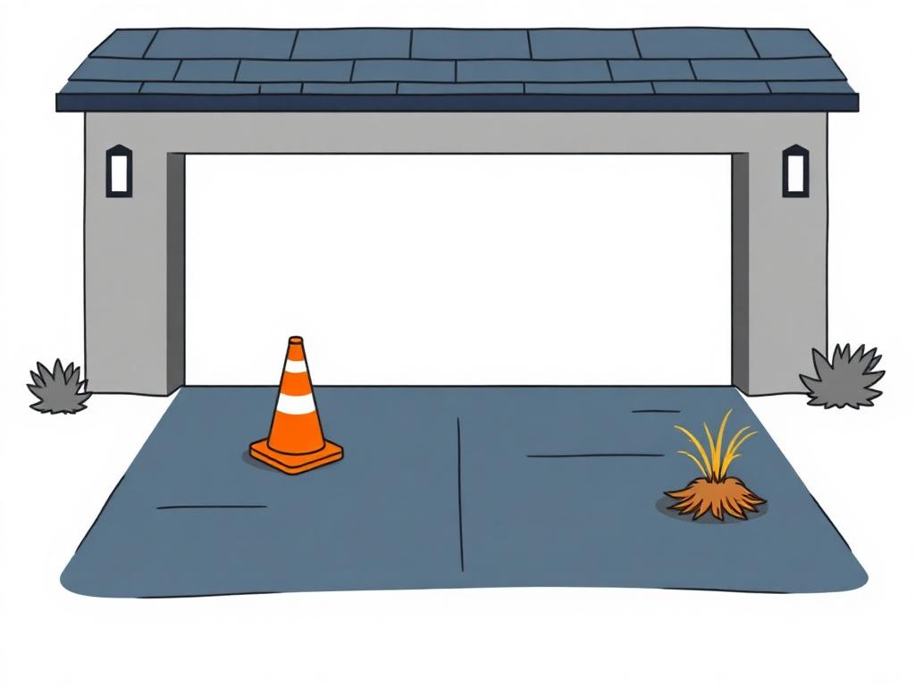Cartoon illustration of an empty driveway with a traffic cone and a tumbleweed