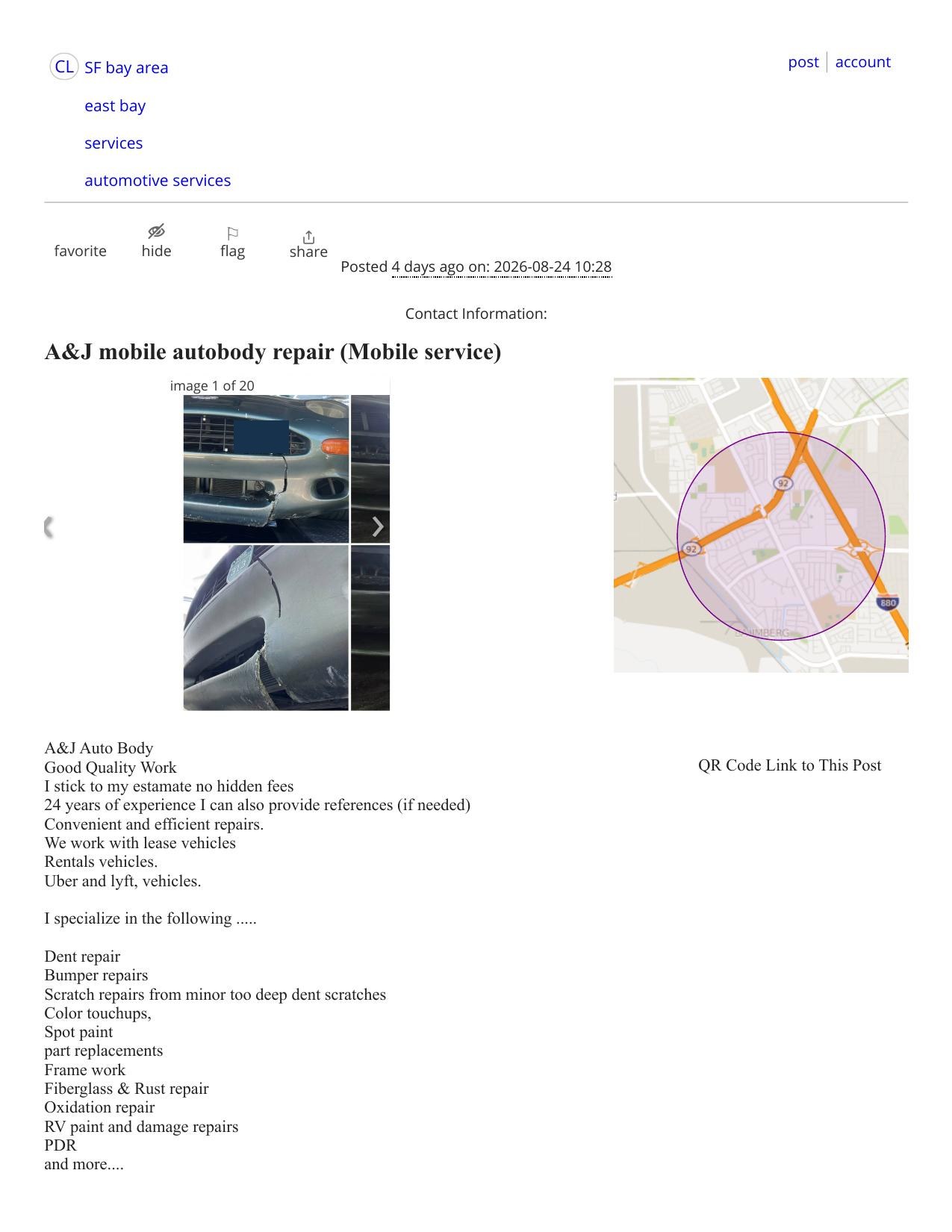Redacted screenshot of the Craigslist advertisement for A&J Auto Body Mobile Repair, a mobile auto body repair service in the San Francisco Bay Area