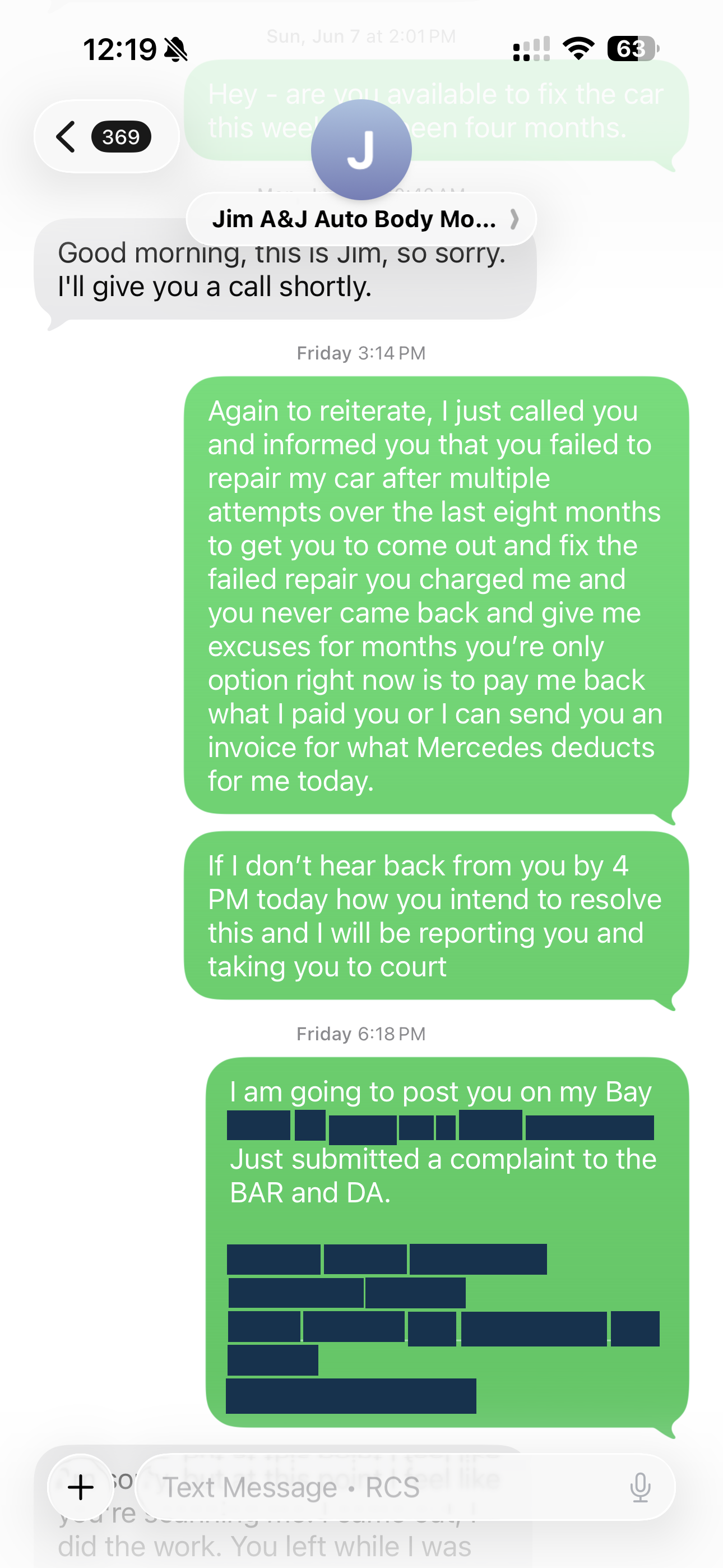 Redacted record: Exchange in which the dispute escalated