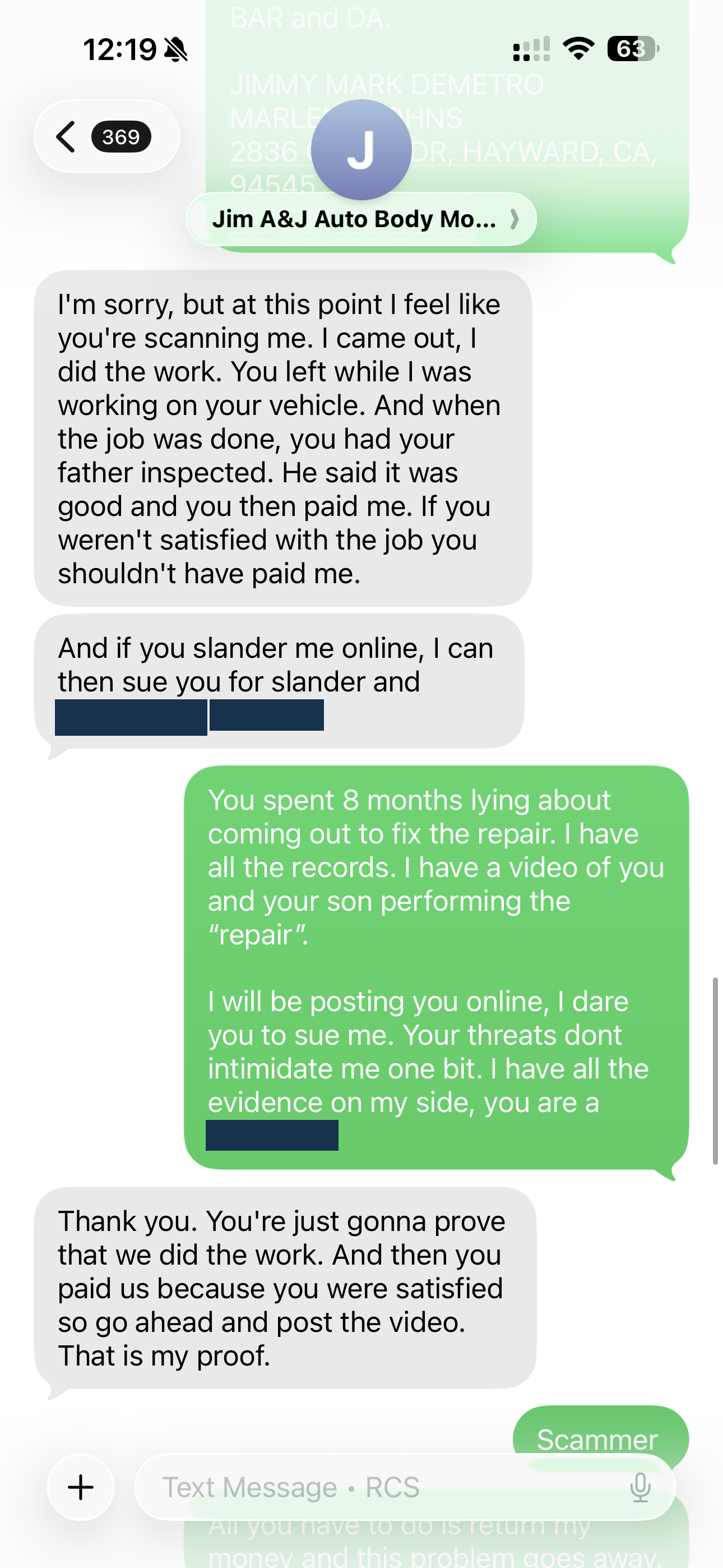 Redacted record: Provider's position and the owner's disagreement